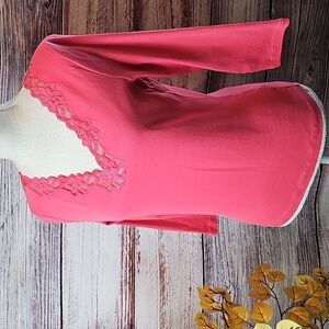 JONES NEW YORK PINK LACE V NECK 3/4 SLEEVE PULLOVER TEE